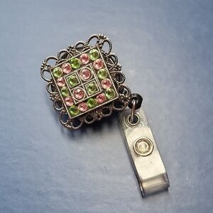 Vintage Style Brooch with Pink and Green Gems Swarski Crystals